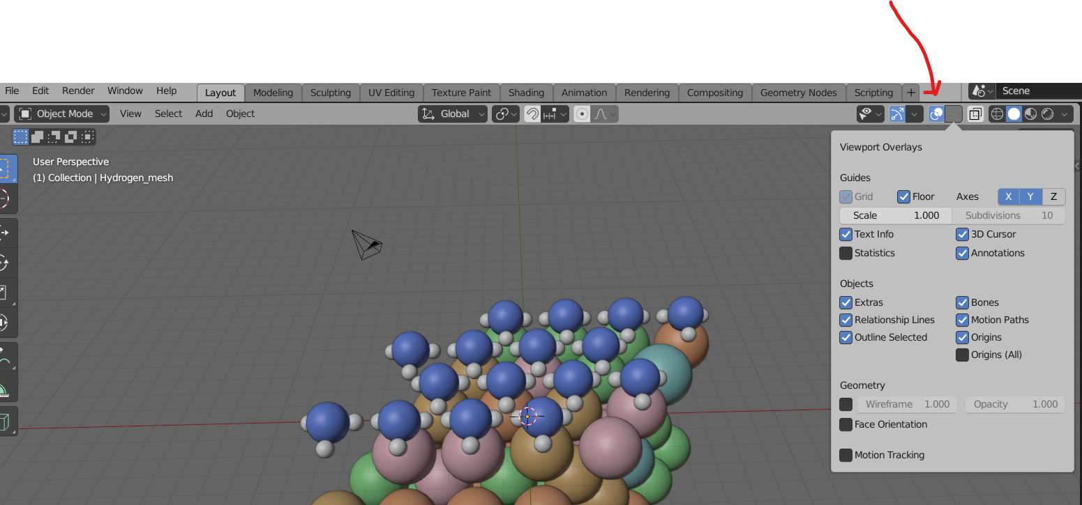 The Blender home screen with the overlay menu opened at the top right.