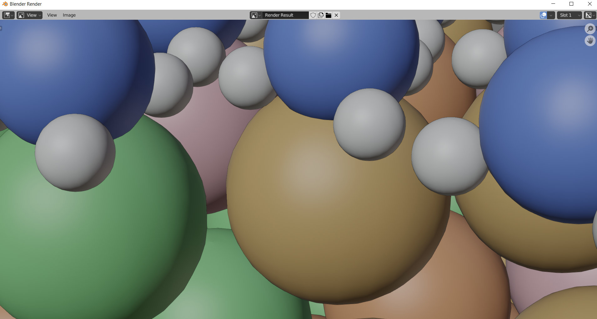 A very close-up view of some atoms through the render window.